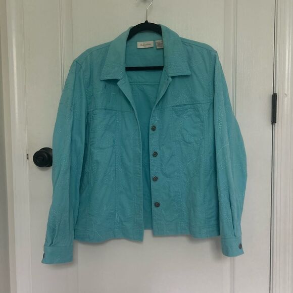 Studio Works Women’s Turquoise Blue Embellished Jacket 100% Cotton Size Large - Picture 1 of 14